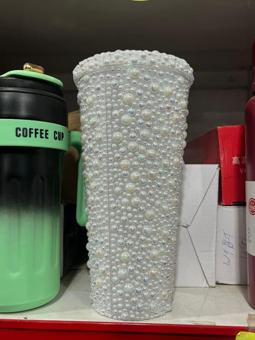 SASTA BAZAR PEARL CRYSTAL TUMBLER WITH LID - WHITE