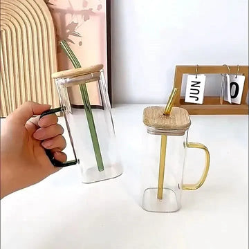 SASTA BAZAR Glass Tumbler with Straw and Handle - 385ml